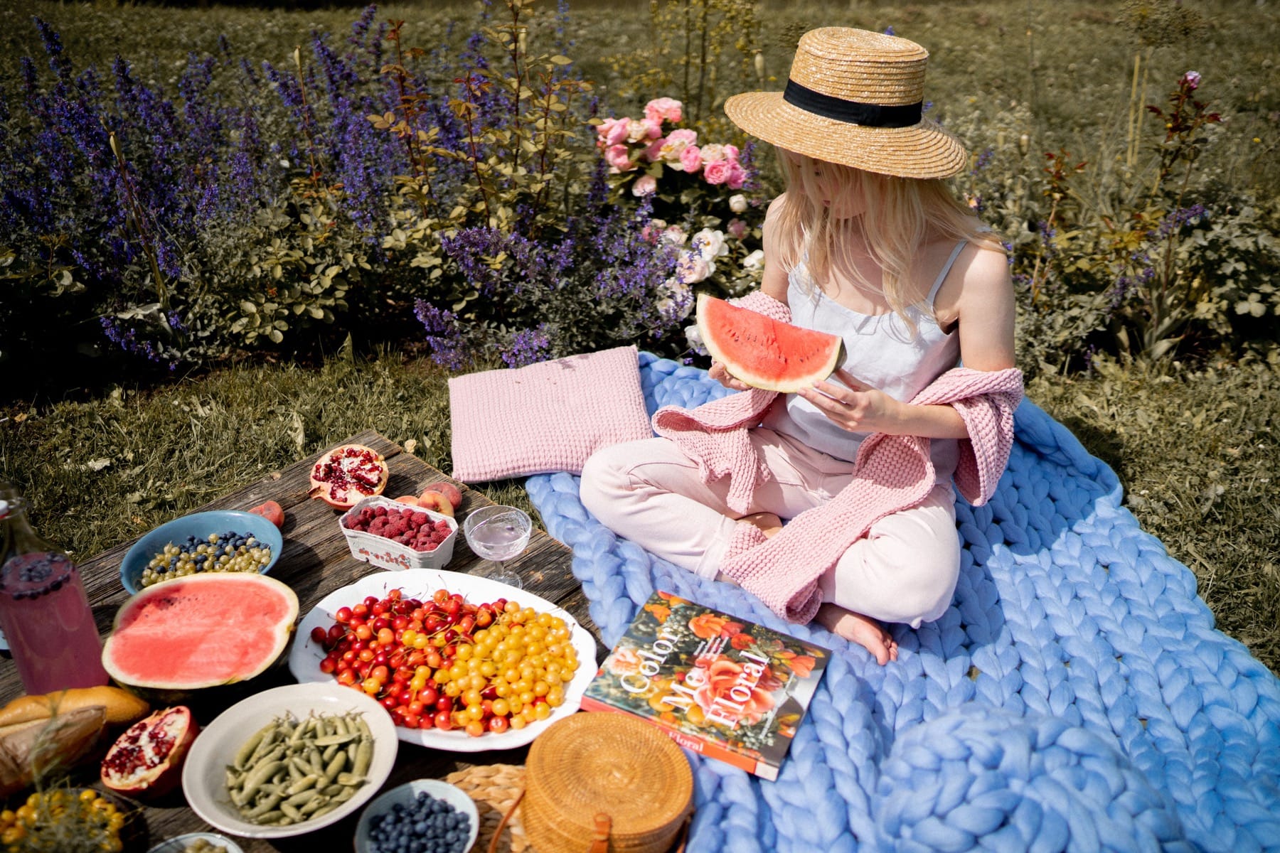 summer picnic with fruits and blue chunky blanket